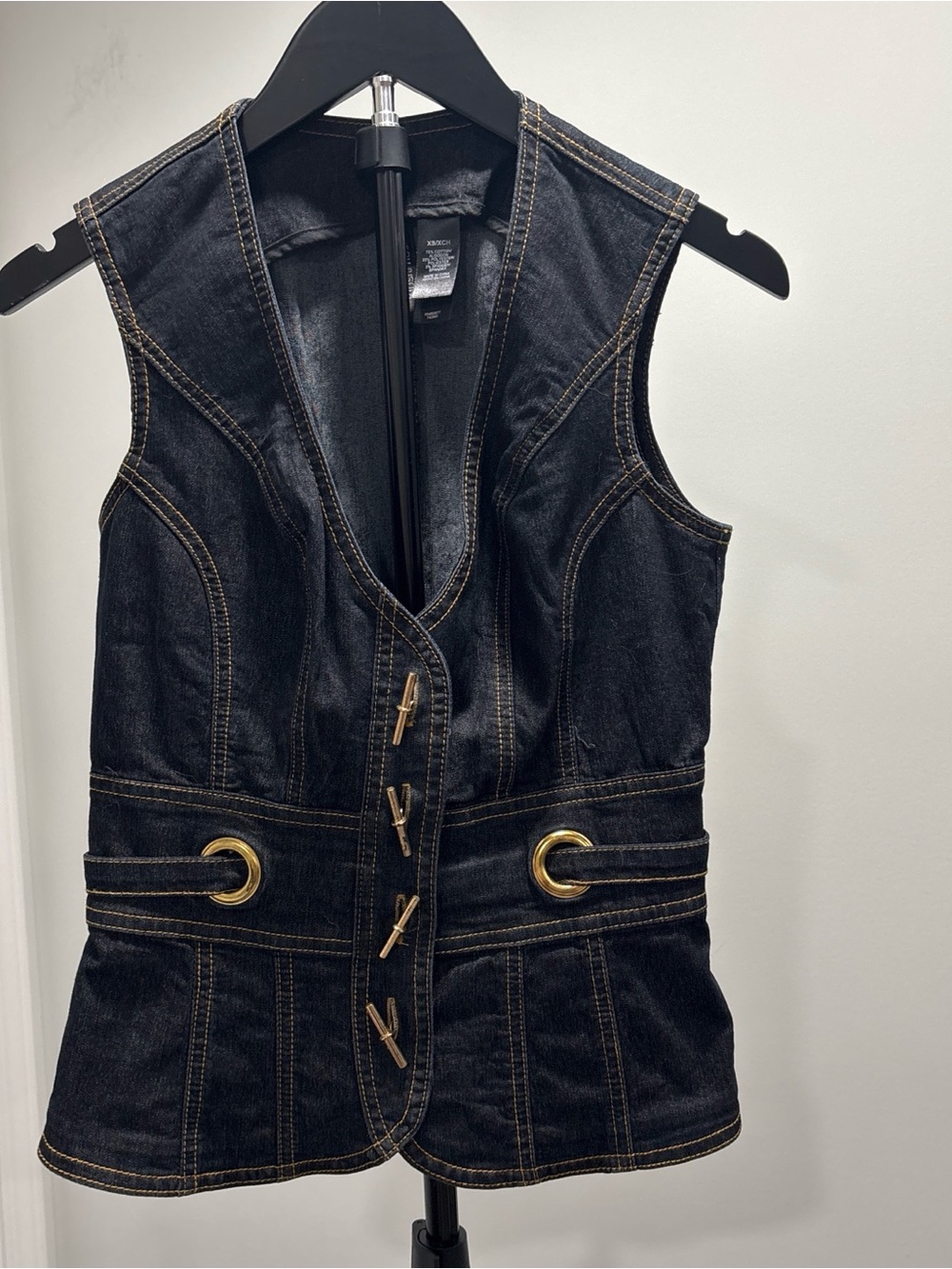 Bisou Bisou Dark Jean Denim Vest with Brown Topstitching with gold hardware